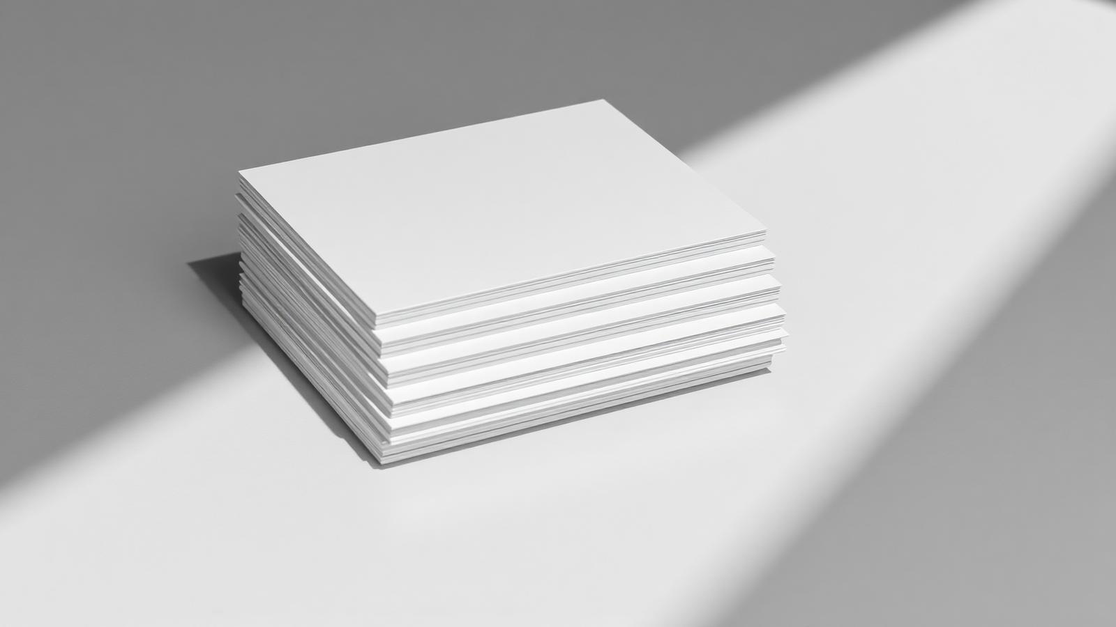 Stack of blank white paper cards of varying thickness on a grey surface